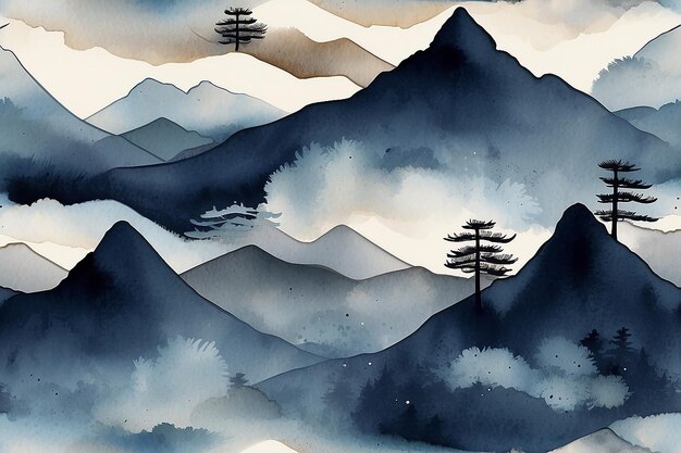 Paysage de montagne abstrait à l'encre indigo de style japonais