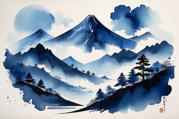Paysage de montagne abstrait à l'encre indigo de style japonais