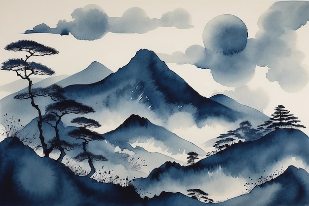 Paysage de montagne abstrait à l'encre indigo de style japonais