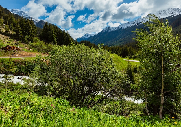 Paysage de montagne des Alpes d'été avec rivière alpine et route (Alpes de Silvretta, Autriche).