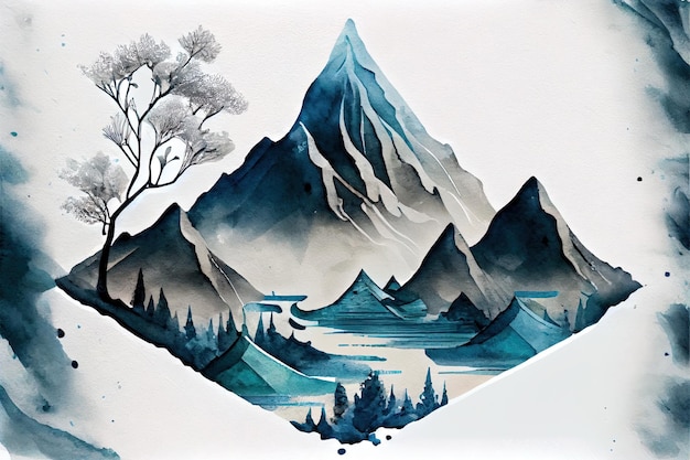 Paysage de montagne aquarelle minimalisme Generative AI