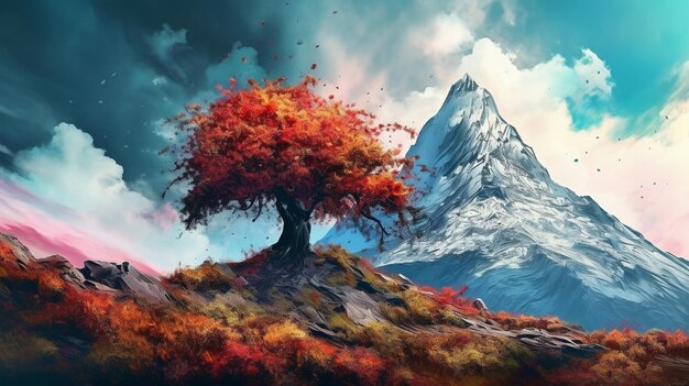 Photo paysage de montagne avec des arbres colorés art numérique