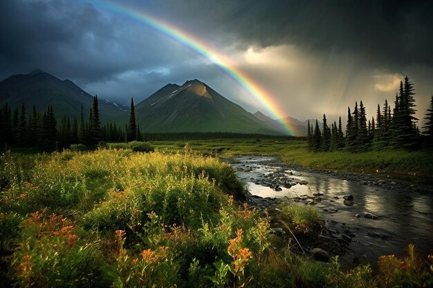 Paysage de montagne avec un arc-en-ciel après une tempête