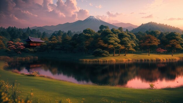 Un paysage avec une montagne en arrière-plan