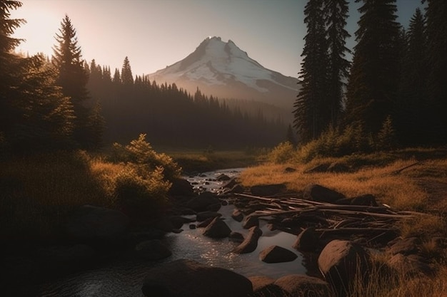 Un paysage avec une montagne en arrière-plan