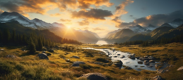 Paysage de montagne au coucher du soleil