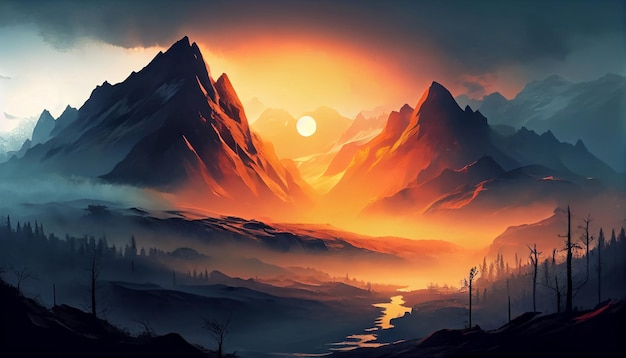 Un paysage de montagne au lever du soleil avec un brouillard bas créant une atmosphère éthérée et mystique Illustration AI générative