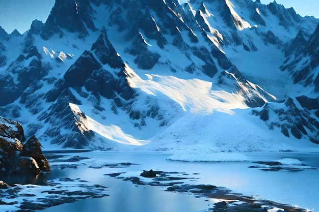 Un paysage de montagne bleu avec des montagnes et un lac au premier plan.