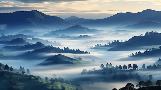 un paysage de montagne avec de la brume et des arbres