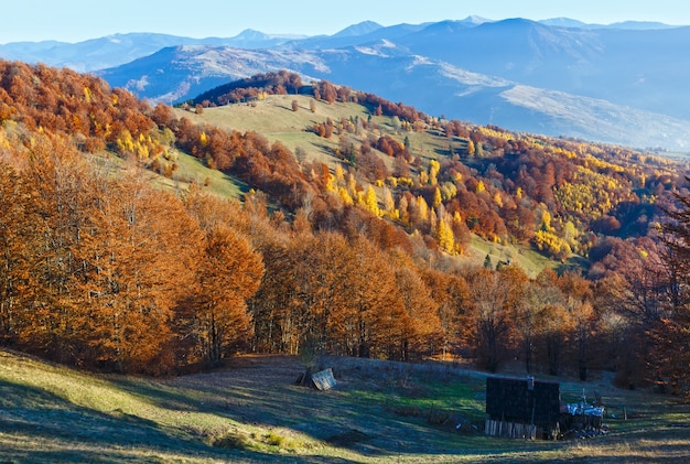 Paysage de montagne brumeux d'automne avec des arbres colorés sur la pente et une grange en bois à l'avant.