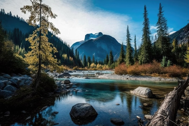 Paysage de montagne canadien avec une rivière arbres et pics Temps agréable à l'automne