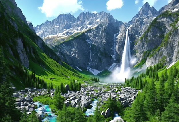 Un paysage de montagne avec une cascade et une forêt