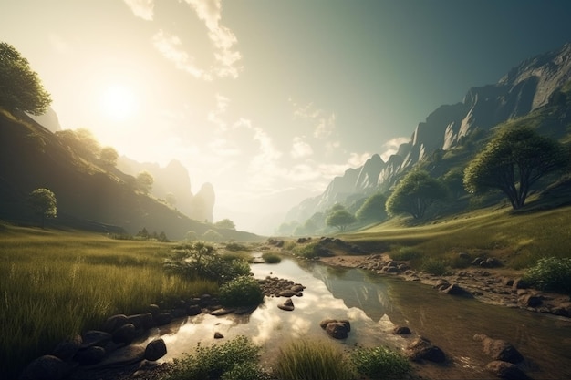 Paysage de montagne champ lumière du soleil Générer Ai