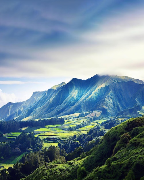 Un paysage de montagne avec un champ vert et une montagne en arrière-plan.