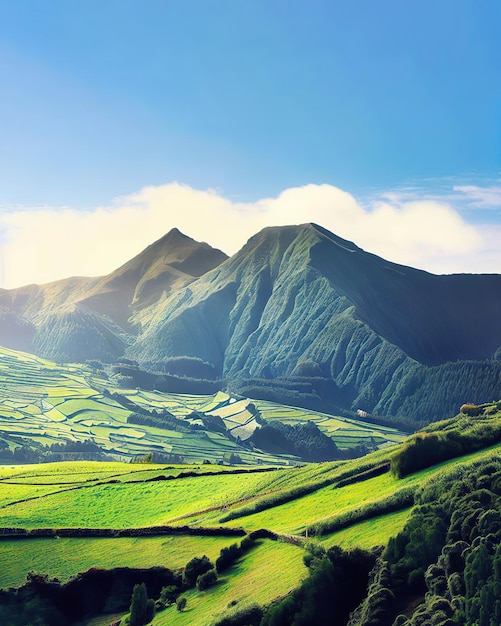 Un paysage de montagne avec un ciel bleu et des champs verts.