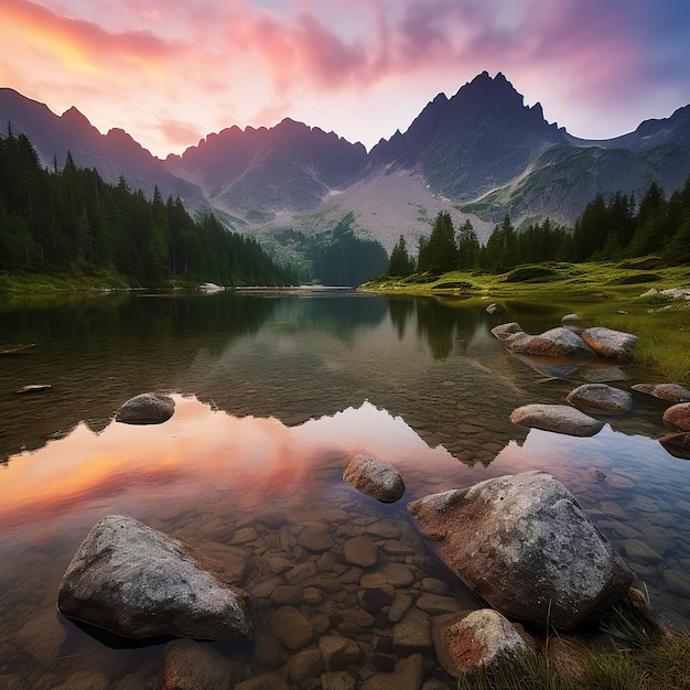 Un paysage de montagne avec un ciel coloré et un lac avec un gros rocher au premier plan.