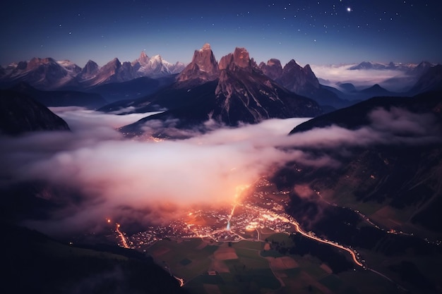 Un paysage de montagne avec un ciel étoilé au-dessus