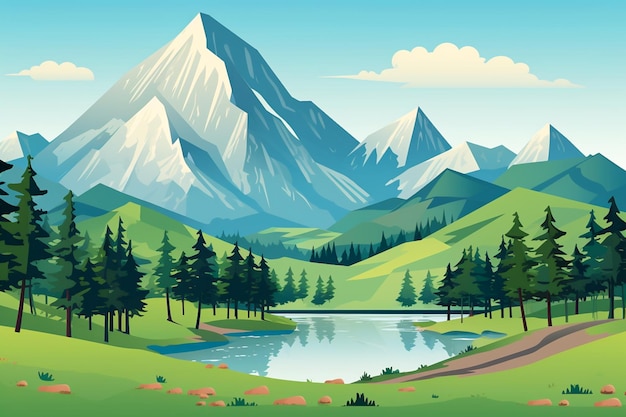 Paysage de montagne colline rivière et arbres clipart plat