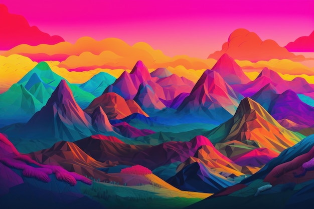 Un paysage de montagne coloré avec un arc-en-ciel et les mots "arc-en-ciel" dessus