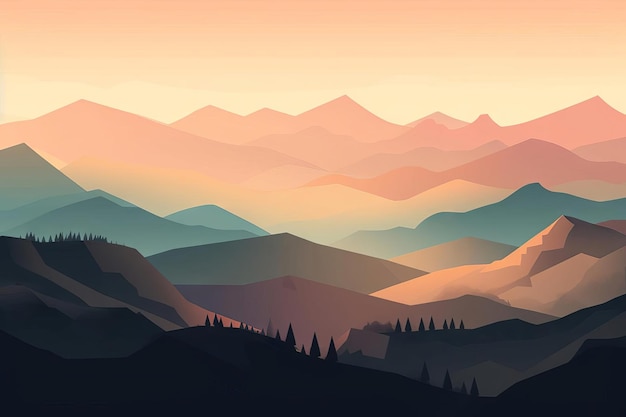 Un paysage de montagne coloré avec une chaîne de montagnes en arrière-plan.