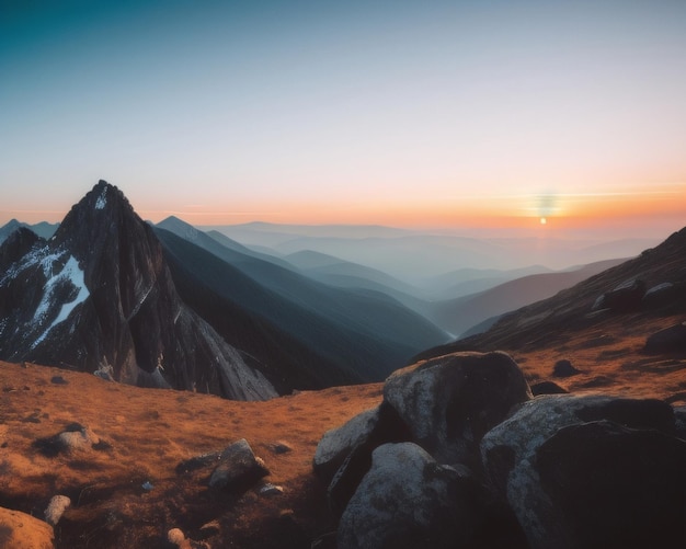 Un paysage de montagne avec un coucher de soleil en arrière-plan