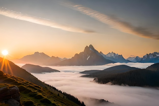 Un paysage de montagne avec un coucher de soleil en arrière-plan