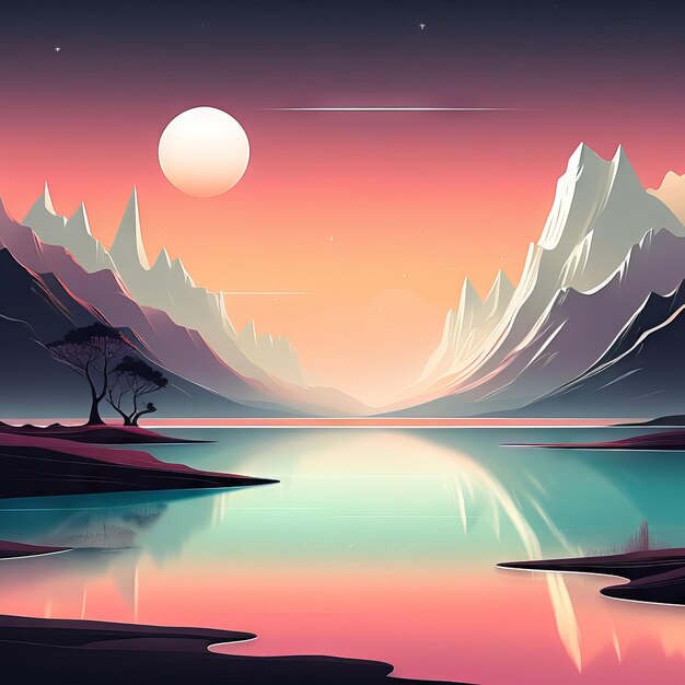 paysage de montagne avec coucher de soleil et lac illustration paysage de montagnes avec coucher du soleil et lac il