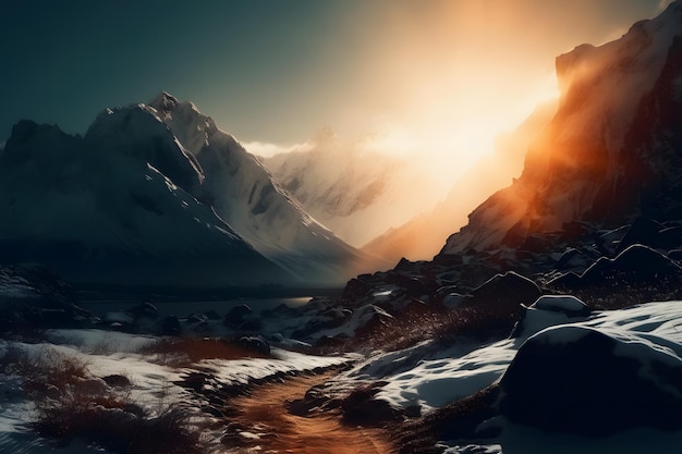 Un paysage de montagne avec un coucher de soleil et une route qui porte le mot neige.