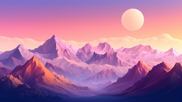 Un paysage de montagne avec un coucher de soleil et le soleil