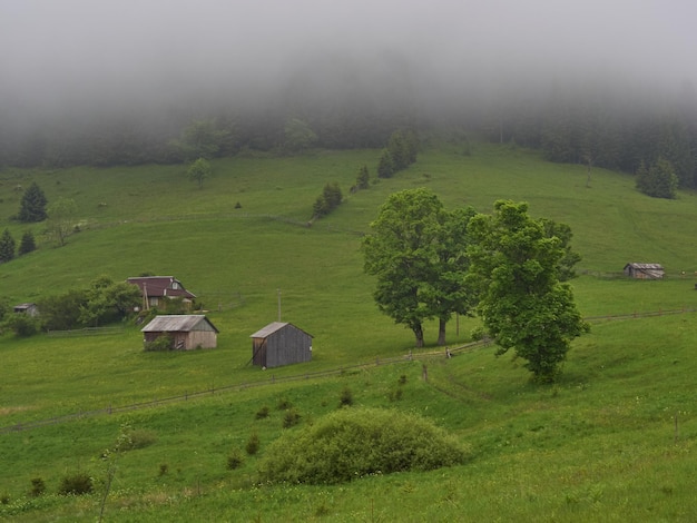 Paysage de montagne dans la maison de brouillard dans les montagnes