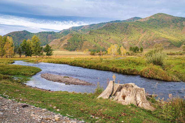Paysage de montagne du matin avec une rivière. Automne dans la vallée de la rivière Karakol, montagnes de l'Altaï, Russie