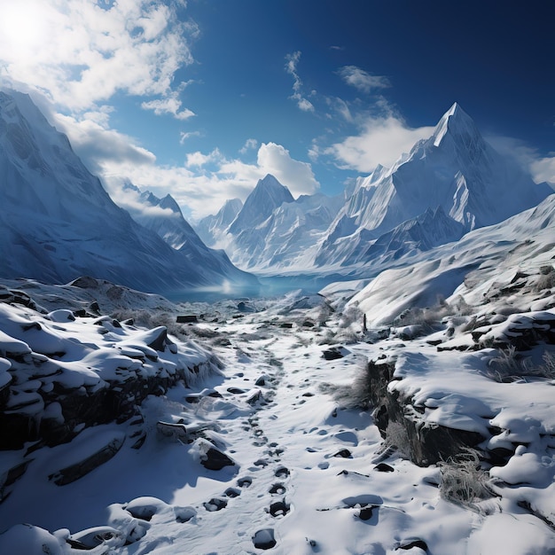 Un paysage de montagne enneigé avec un ciel bleu et des nuages