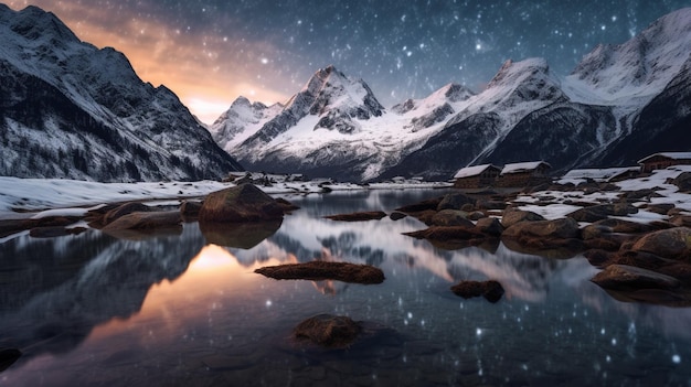 Un paysage de montagne enneigé avec un ciel étoilé et des étoiles