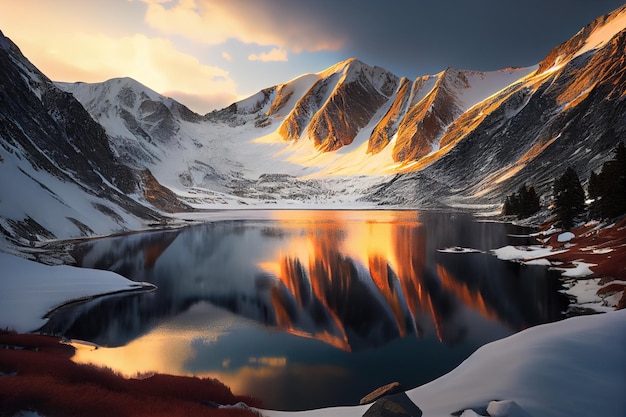 Un paysage de montagne enneigé avec un lac et des montagnes en arrière-plan