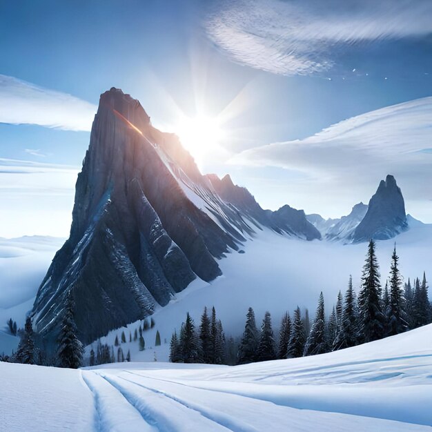 Un paysage de montagne enneigé avec un soleil qui brille sur la montagne