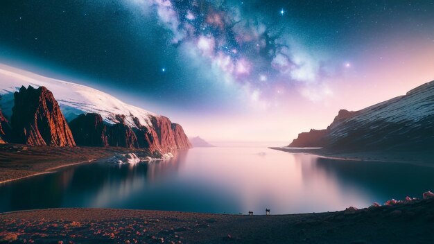 Photo un paysage avec une montagne enneigée et un ciel étoilé