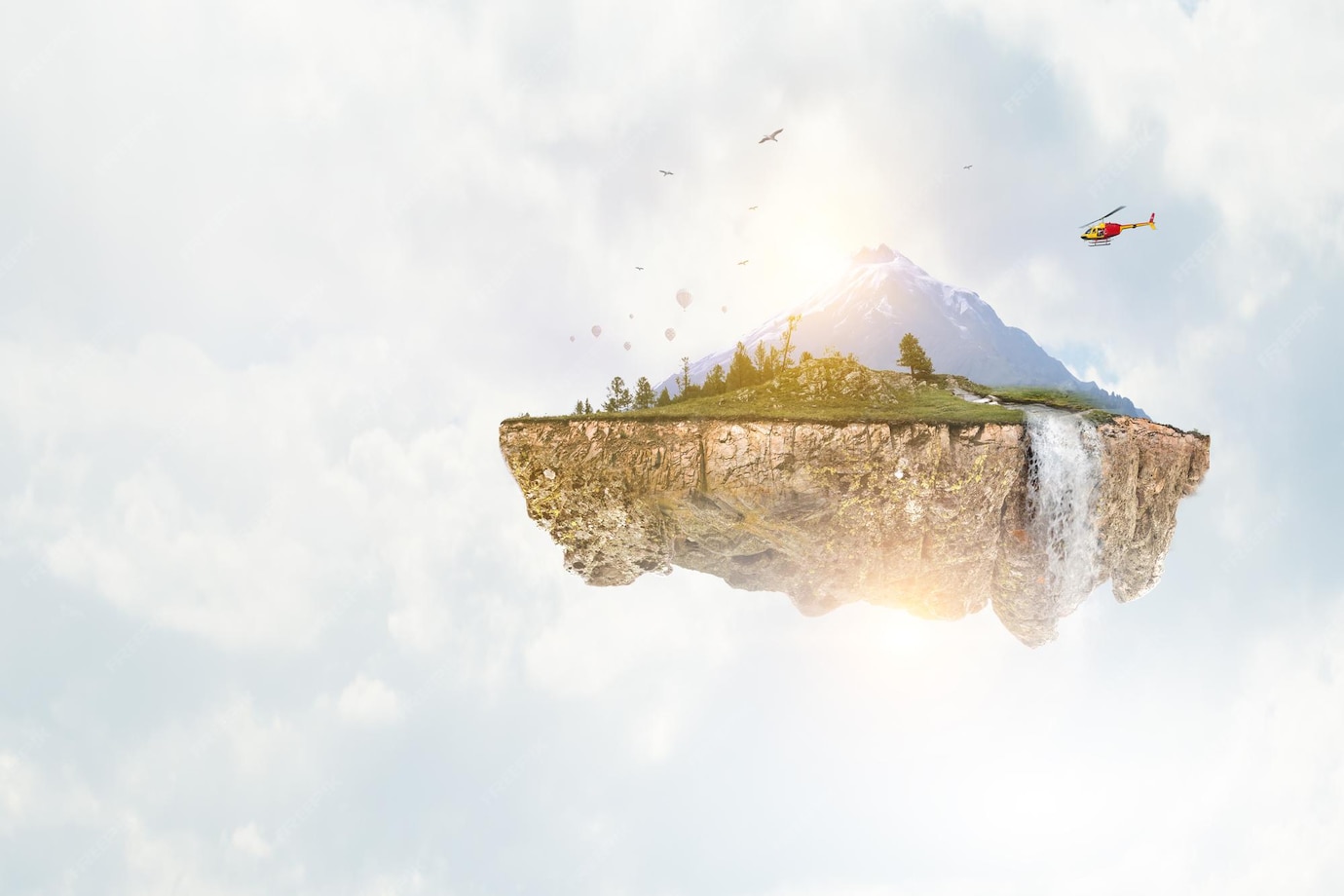  Paysage avec montagne enneigée flottant dans les airs. Technique mixte ...