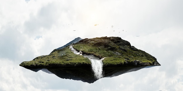 Paysage avec montagne enneigée flottant dans les airs. Technique mixte