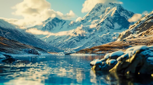 Paysage avec une montagne enneigée et un lac au premier plan