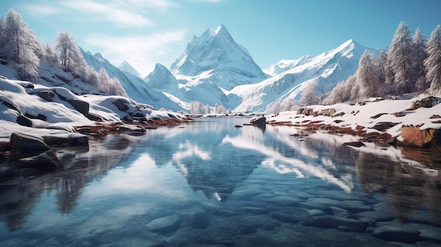 Un paysage de montagne enneigée avec une montagne enneigée en arrière-plan.