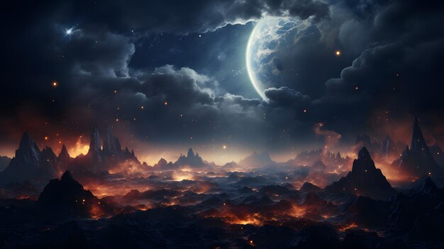 un paysage de montagne faiblement éclairé avec une pleine lune et un ciel lointain IA générative