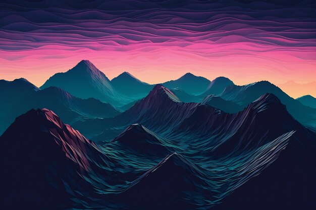 Photo paysage de montagne fantastique avec coucher de soleil bleu et rose