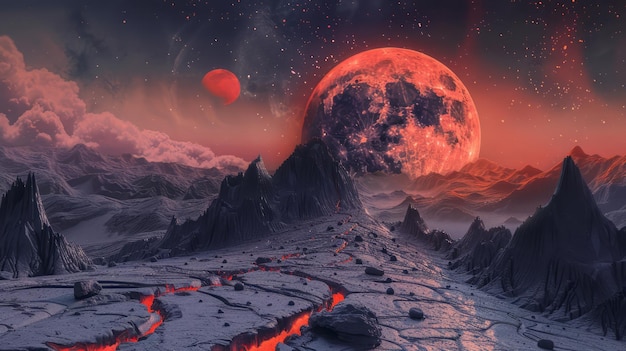 Paysage de montagne fantastique grande fissure dans le sol lave grande lune rouge réchauffement climatique de la planète