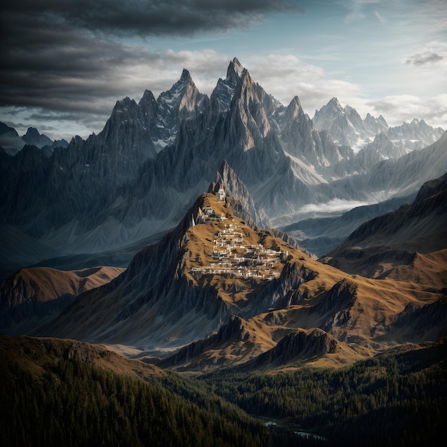 Paysage de montagne fantastique avec des runes magiques