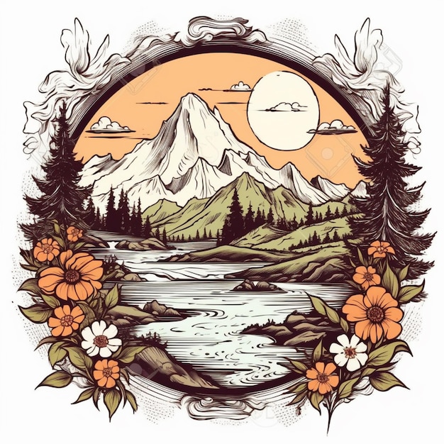 un paysage de montagne avec des fleurs et des arbres dans un cercle ai génératif