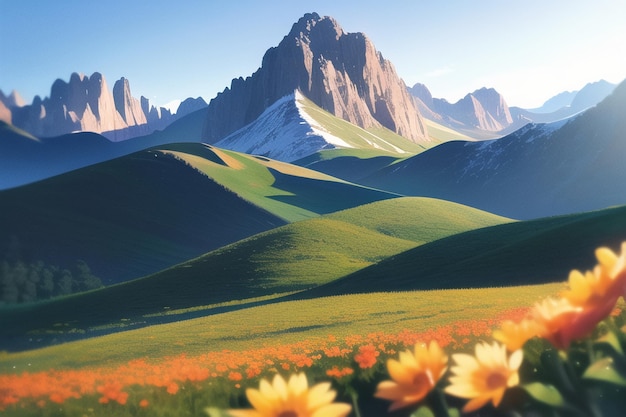 Un paysage de montagne avec des fleurs au premier plan