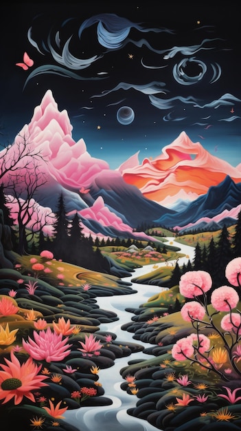 Paysage de montagne avec des fleurs roses et une rivière Montagnes roses avec une rivière Orientation verticale