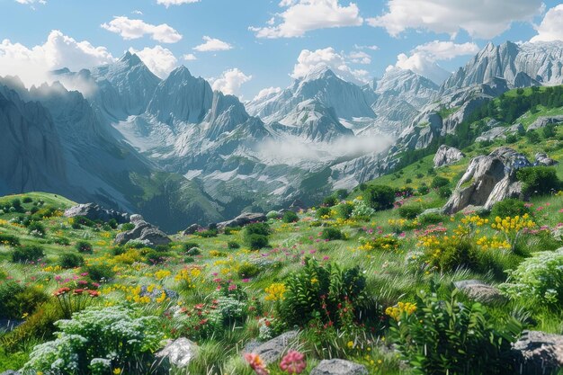 Un paysage de montagne avec des fleurs sauvages