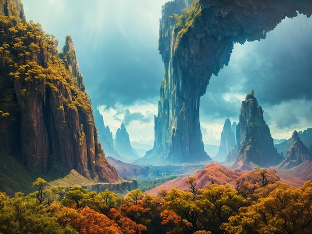 Un paysage avec une montagne et une forêt avec une grande formation rocheuse au milieu.