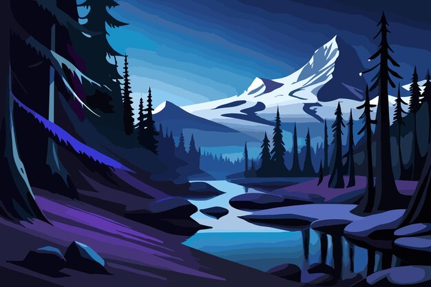 Paysage de montagne avec forêt de lac et paysage violet de neige nature illustration vectorielle